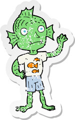 retro distressed sticker of a cartoon waving fish boy