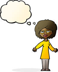 cartoon woman wearing glasses with thought bubble