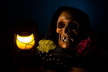 still life with a skull,  lantern, rose and grape
