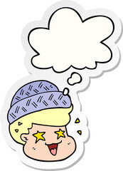 cartoon boy wearing hat and thought bubble as a printed sticker