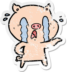distressed sticker of a crying pig cartoon