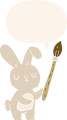 cartoon rabbit and paint brush and speech bubble in retro style