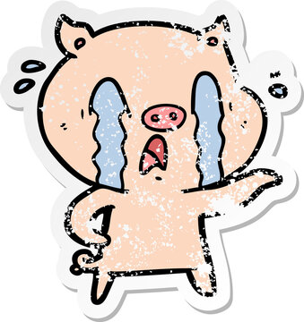 distressed sticker of a crying pig cartoon