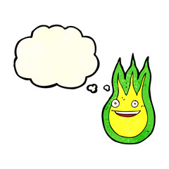 cartoon friendly fireball with thought bubble