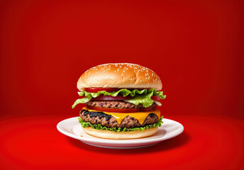 Beautiful big Burger with cheese and salad on the red background with Copy space. Studio shot of Hamburger in the side view. Generative AI.