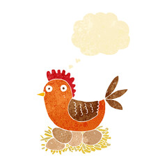 cartoon hen on eggs with thought bubble