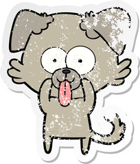 distressed sticker of a cartoon dog with tongue sticking out