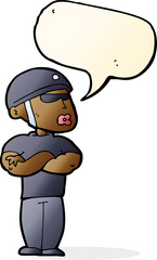 cartoon security guard with speech bubble