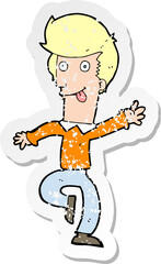 retro distressed sticker of a cartoon man dancing