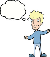 cartoon nervous man with thought bubble