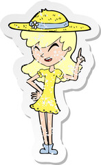 retro distressed sticker of a cartoon woman wearing summer hat