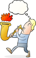 cartoon man blowing saxophone with thought bubble