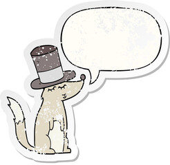 cartoon wolf whistling wearing top hat and speech bubble distressed sticker