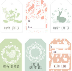 easter gift tags with eggs, rabbits, feathers and plants. for presents' decoration