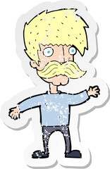 retro distressed sticker of a cartoon man with mustache waving