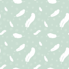 easter seamless pattern with eggs, rabbits, feathers and plants.