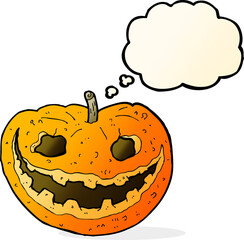 cartoon spooky pumpkin with thought bubble
