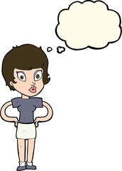cartoon woman with hands on hips with thought bubble