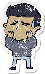 distressed sticker of a cartoon man sweating