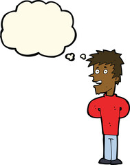 cartoon happy man with thought bubble