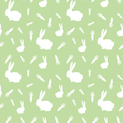 easter seamless pattern with eggs, rabbits, feathers and plants.
