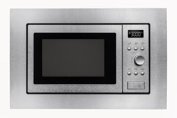 metal microwave oven, with buttons and an electronic panel
