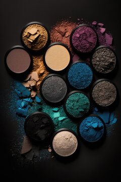 Different colors of crushed eyeshadow on dark background,. Flat lay overhead, AI generative