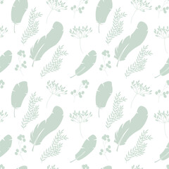 easter seamless pattern with eggs, rabbits, feathers and plants.