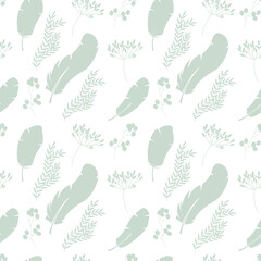 easter seamless pattern with eggs, rabbits, feathers and plants.