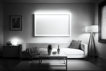 interior of a modern living room, blank canvases on the wall, space for copy, copy space, generative ai
