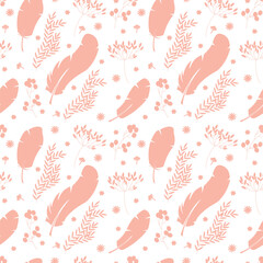 easter seamless pattern with eggs, rabbits, feathers and plants.