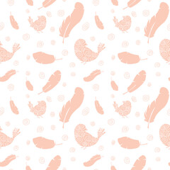 easter seamless pattern with eggs, rabbits, feathers and plants.