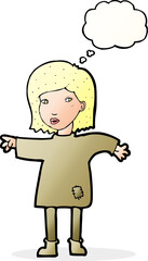 cartoon woman in patched clothing with thought bubble