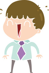 laughing flat color style cartoon man in shirt and tie