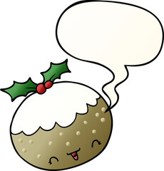 cute cartoon christmas pudding and speech bubble in smooth gradient style