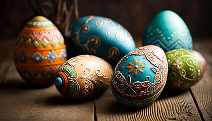 Fototapeta na wymiar Easter painted eggs on an old wooden table, rustic style, Easter. generative AI