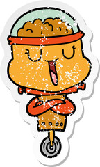 distressed sticker of a happy cartoon robot