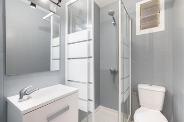 Compact modern bathroom in gray and white tones with shower with glass doors, toilet bowl and sink...