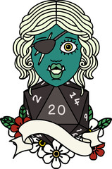 half orc rogue with natural twenty dice roll illustration
