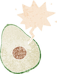 cartoon avocado and speech bubble in retro textured style