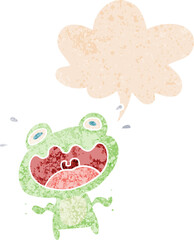 cartoon frog frightened and speech bubble in retro textured style