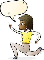 cartoon woman running and pointing with speech bubble