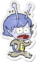 distressed sticker of a cartoon shocked alien girl