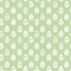 easter seamless pattern with eggs, rabbits, feathers and plants.