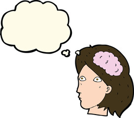 cartoon female head with brain symbol with thought bubble