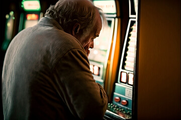 Ein älterer trauriger Mann spielt an Glückspielautomaten in einer Spielhalle. Er grübelt und fasst sich ans Kinn. Eine Haarsträhne fällt im ins Gesicht. Generative KI. Farbige Lichter bilden Bokeh im 