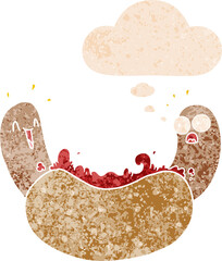 cartoon hotdog and thought bubble in retro textured style