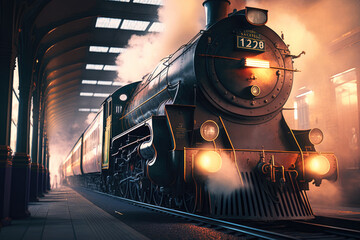 Steam locomotive stopping at the station, Generative AI - obrazy, fototapety, plakaty