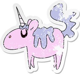 distressed sticker of a quirky hand drawn cartoon unicorn