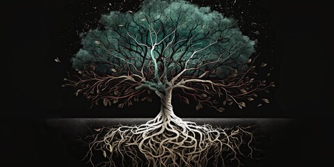 Tree with roots and branches, concept of Root System, created with Generative AI technology